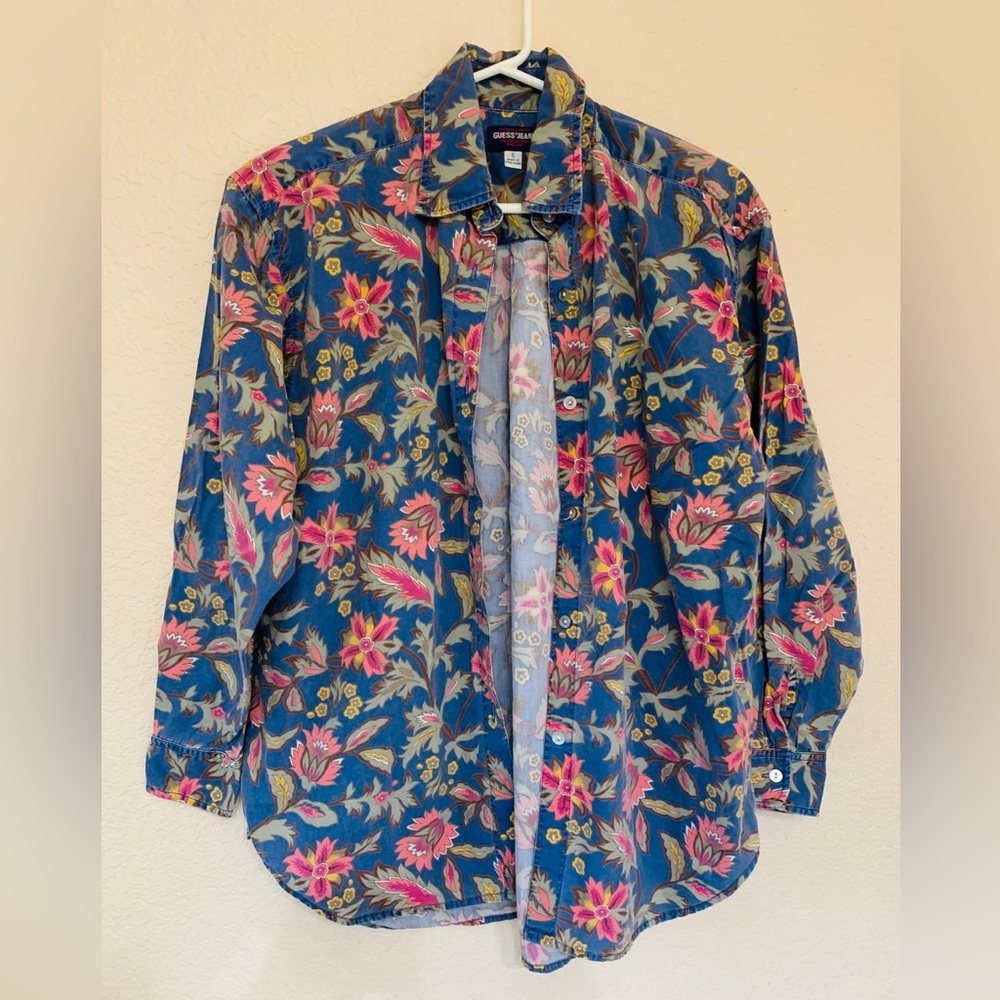 Vintage 90's GUESS Jeans USA Denim Floral Button Up Top 100% Cotton S Small